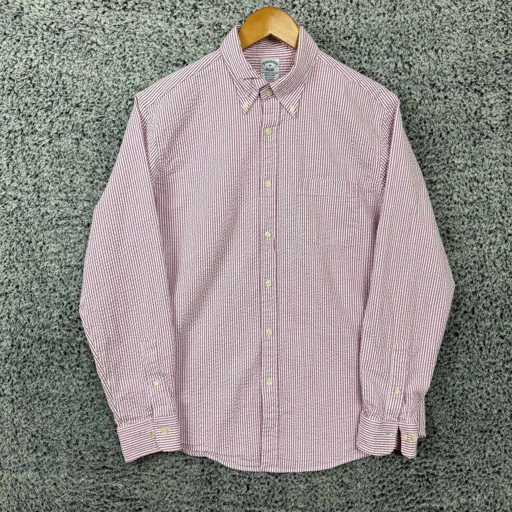 Brooks Brothers Shirt Mens Medium Pink Stripe Seersucker Stretch Button Down M